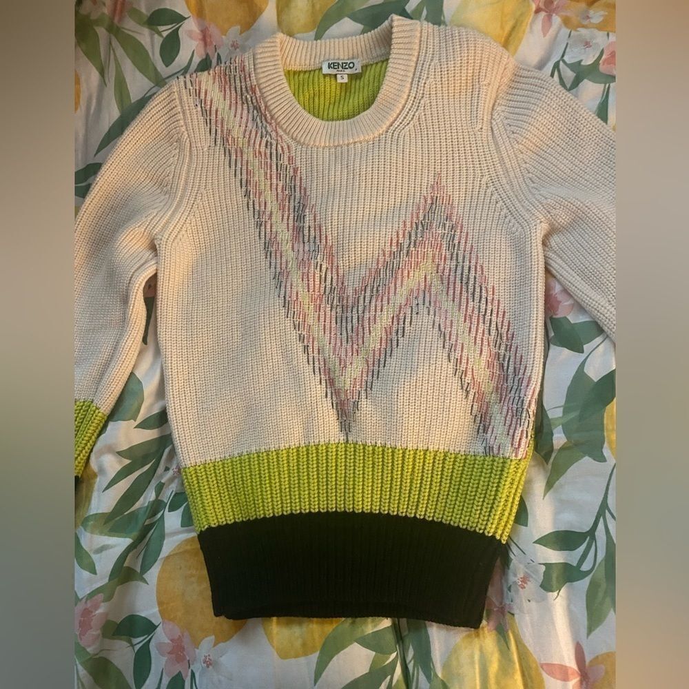 KENZO   Sweater Womens Sz S Beige Wool Embroidered Multicolor  zig zag lines - Picture 2 of 12